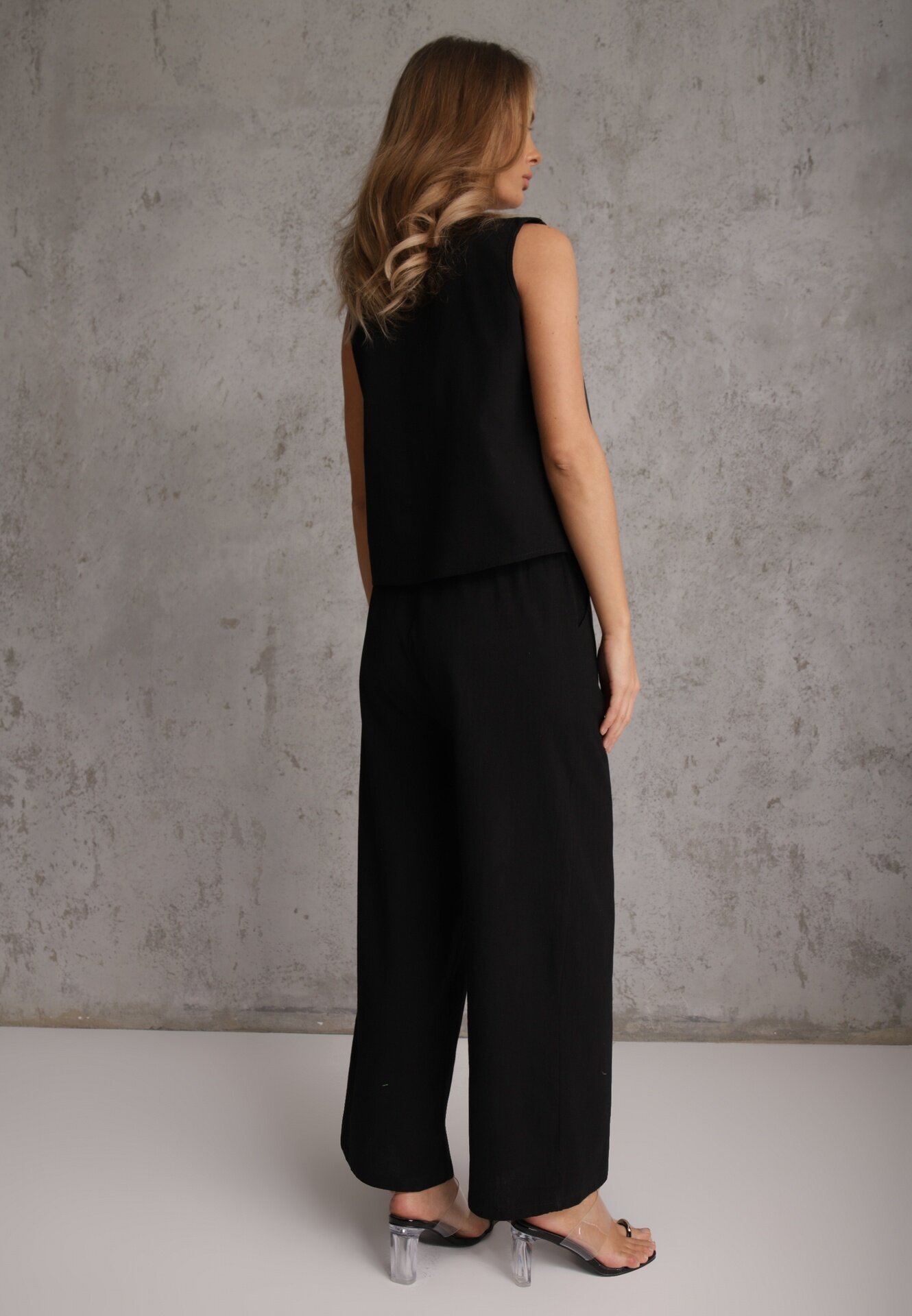  Compleu Negru din Bumbac Bluză cu Nasturi Pantaloni Largi cu Elastic în Talie Floricella