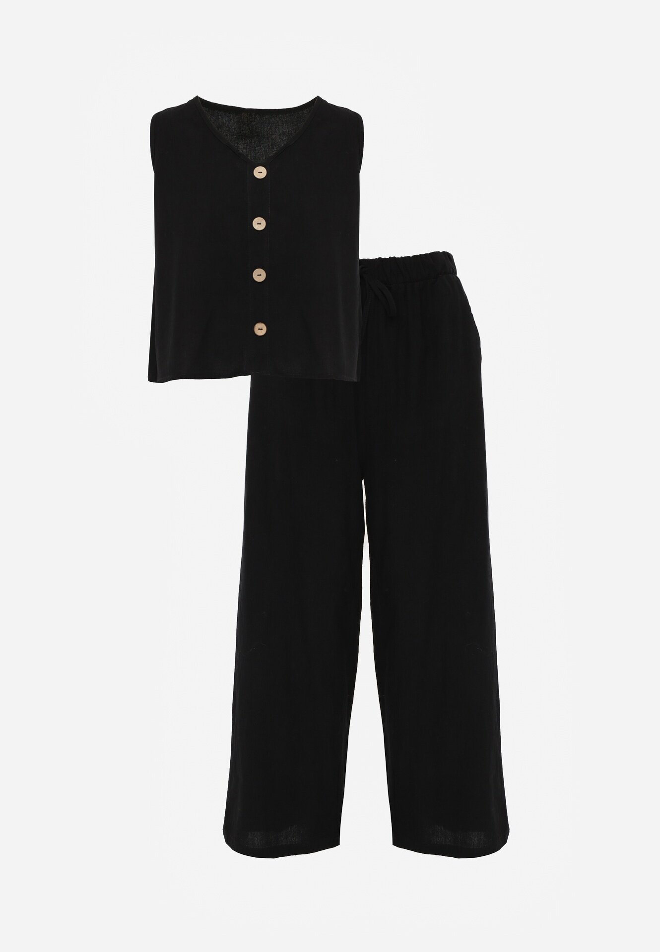  Compleu Negru din Bumbac Bluză cu Nasturi Pantaloni Largi cu Elastic în Talie Floricella