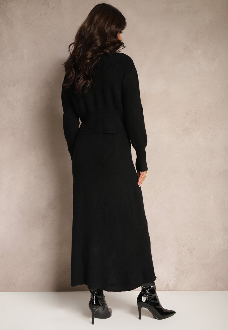  Compleu Negru din Tricot cu Lână Cardigan cu Nasturi și Fustă cu Elastic în Talie Melzina