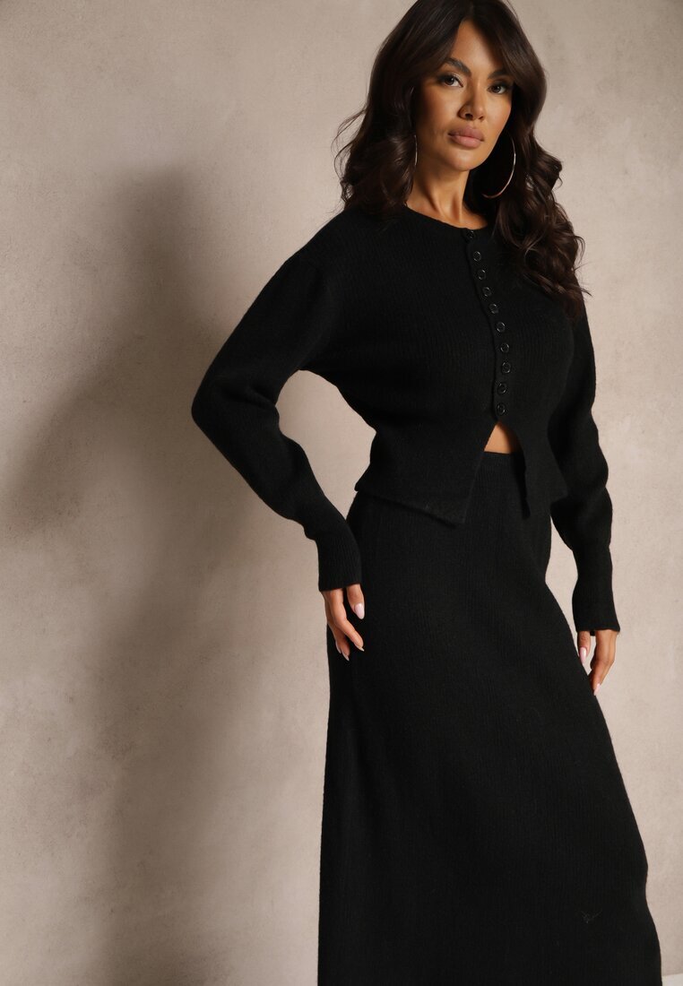 Compleu Negru din Tricot cu Lână Cardigan cu Nasturi și Fustă cu Elastic în Talie Melzina