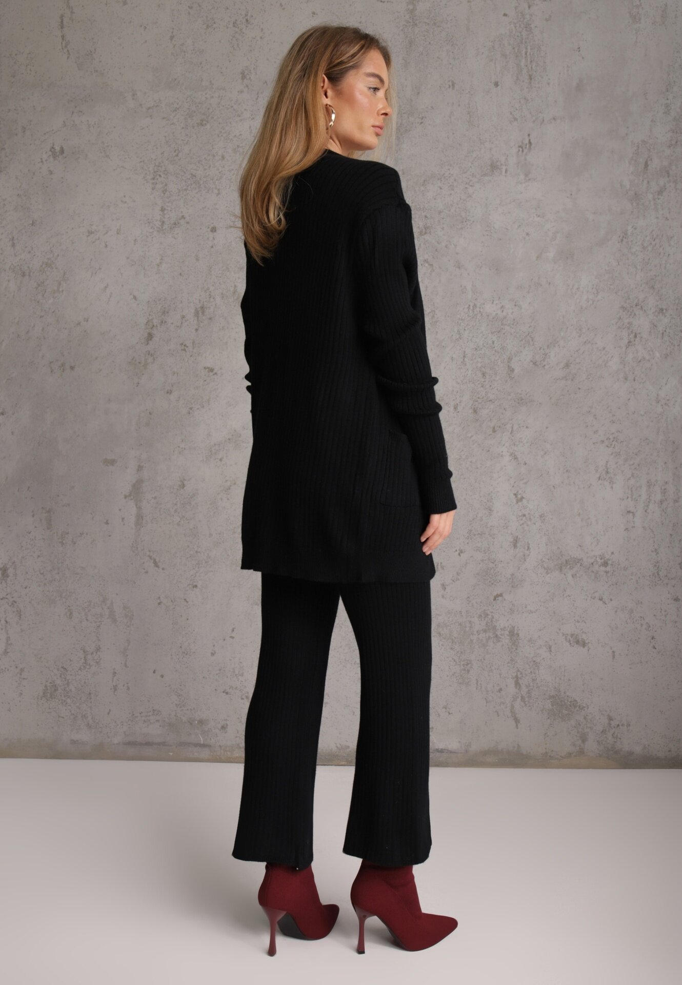  Compleu Negru din tricot Pantaloni cu croială lejeră Bluză și Cardigan deschis Irithaele