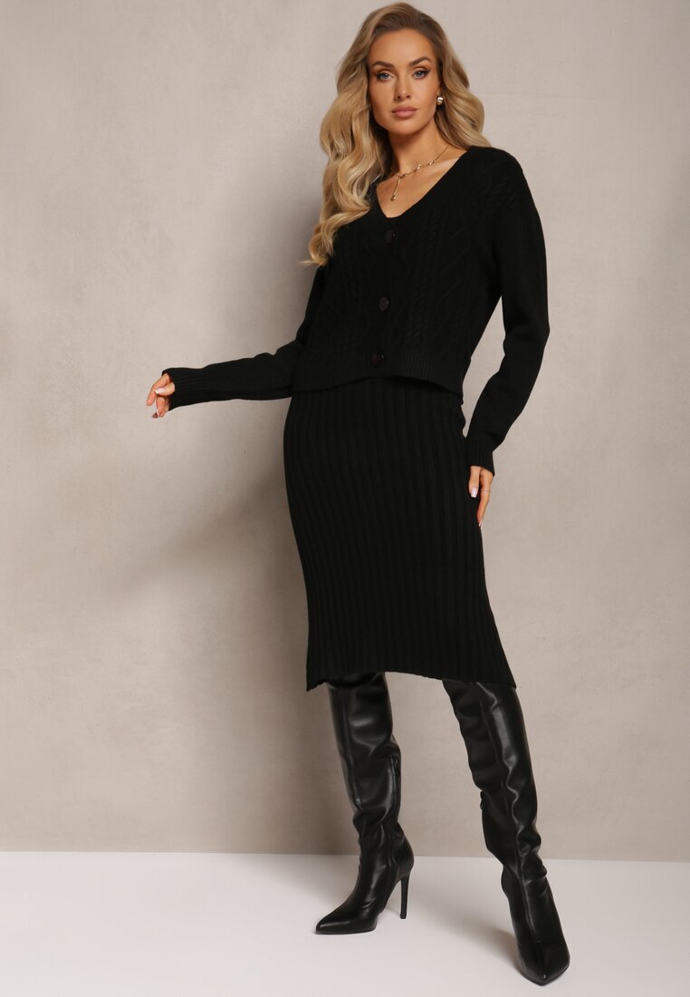  Compleu Negru Reiat Tricotat cu Rochie și Cardigan Nalindrie