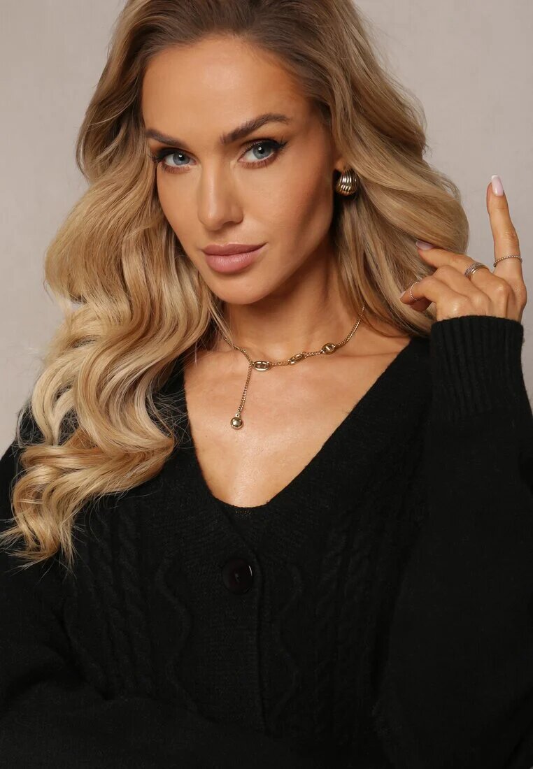  Compleu Negru Reiat Tricotat cu Rochie și Cardigan Nalindrie