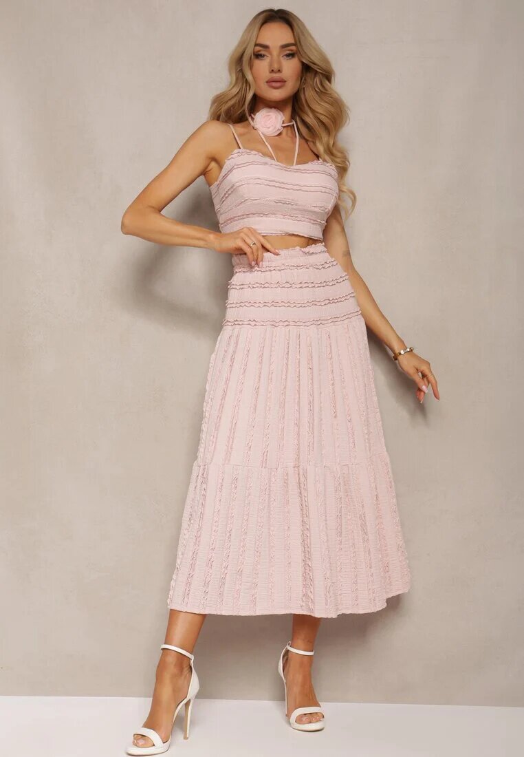  Compleu Roz cu Choker cu Trandafir Top cu Bretele Fustă cu Volane și Elastic în Talie Hlinna