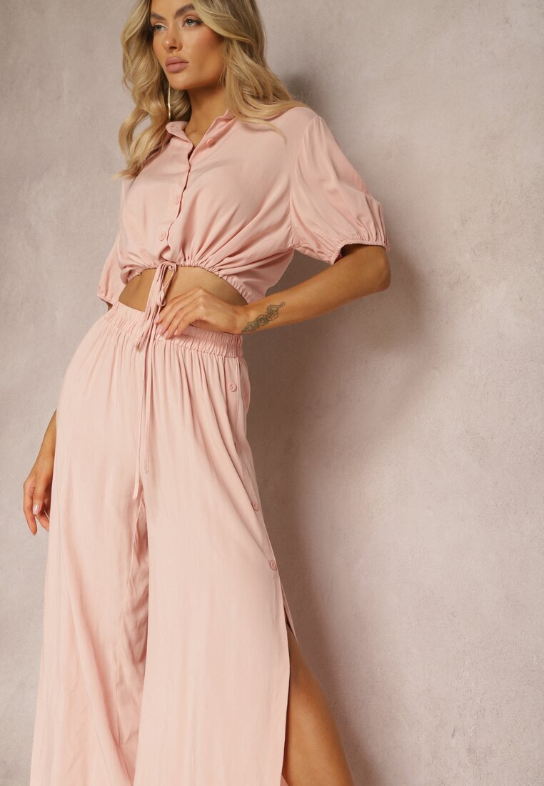  Compleu Roz deschis din Bumbac Stil Utility Cămașă și Pantaloni Largi Veola