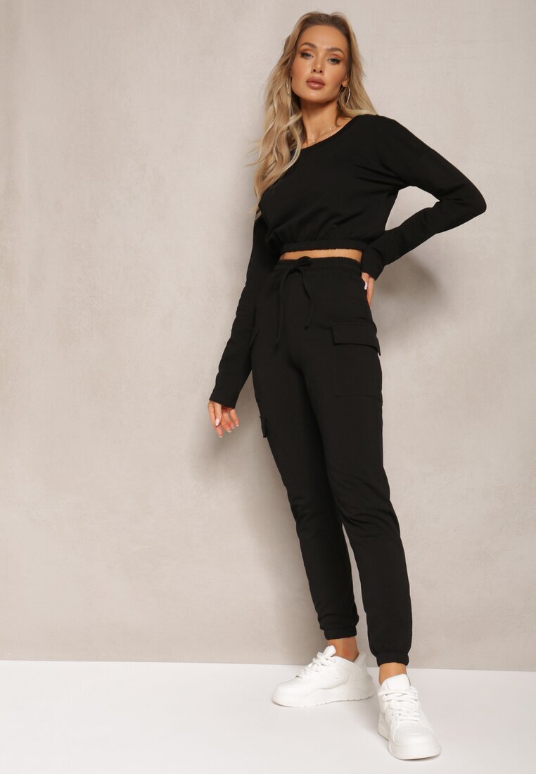  Compleu Trening Negru Bluză Cropped și Pantaloni cu Buzunare Cargo Xerlesa