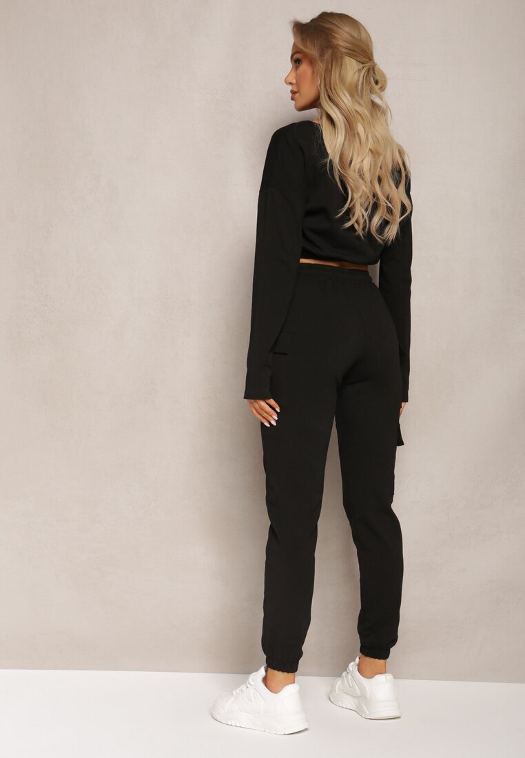  Compleu Trening Negru Bluză Cropped și Pantaloni cu Buzunare Cargo Xerlesa