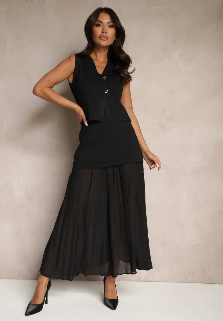  Compleu tricotat negru cu viscoză Vestă elegantă și Fustă Zelvila