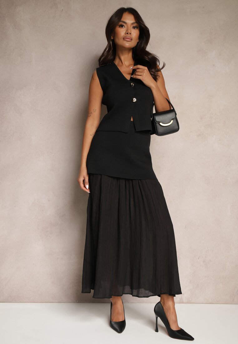  Compleu tricotat negru cu viscoză Vestă elegantă și Fustă Zelvila
