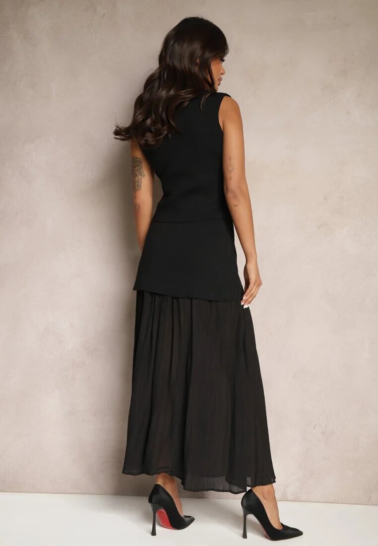  Compleu tricotat negru cu viscoză Vestă elegantă și Fustă Zelvila