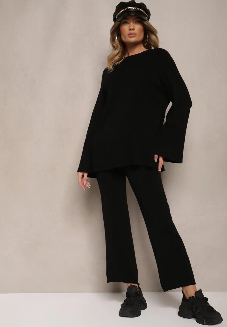  Compleu Tricotat Negru din Viscoză Pulover și Pantaloni cu Fente și Elastic în Talie Malwizelle
