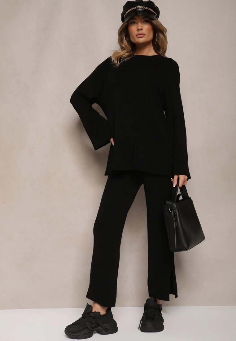  Compleu Tricotat Negru din Viscoză Pulover și Pantaloni cu Fente și Elastic în Talie Malwizelle