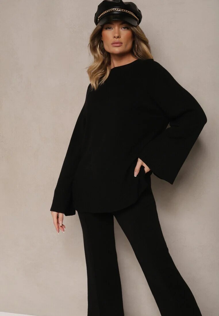  Compleu Tricotat Negru din Viscoză Pulover și Pantaloni cu Fente și Elastic în Talie Malwizelle