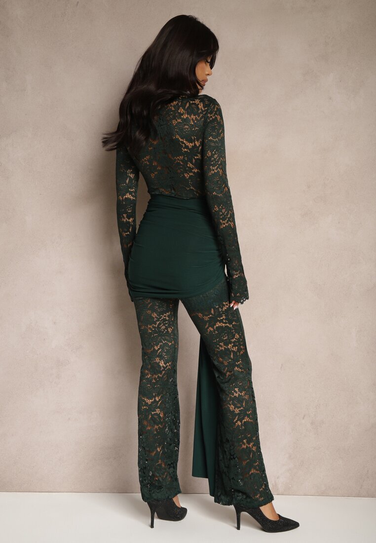  Compleu Verde cu Dantelă Decorat cu Trenă Pantaloni cu croială largă și Bluză Longsleeve Feladi
