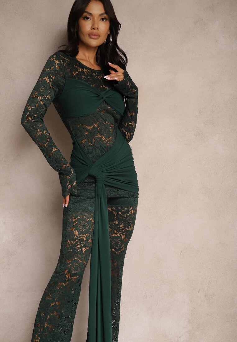  Compleu Verde cu Dantelă Decorat cu Trenă Pantaloni cu croială largă și Bluză Longsleeve Feladi