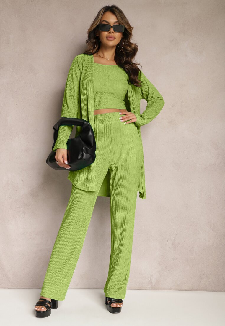  Compleu Verde deschis cu striații decorative cu Cămașă Top și Pantaloni Raliva