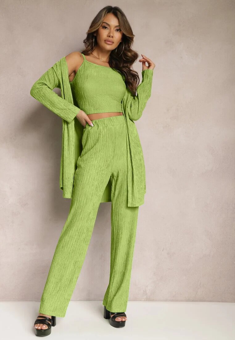  Compleu Verde deschis cu striații decorative cu Cămașă Top și Pantaloni Raliva