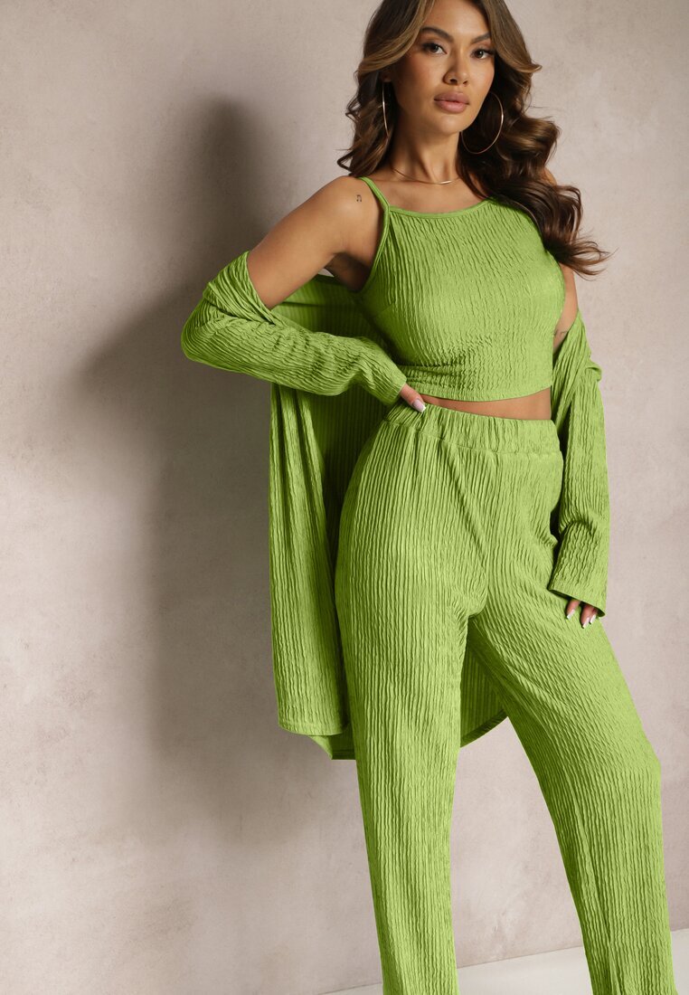 Compleu Verde deschis cu striații decorative cu Cămașă Top și Pantaloni Raliva