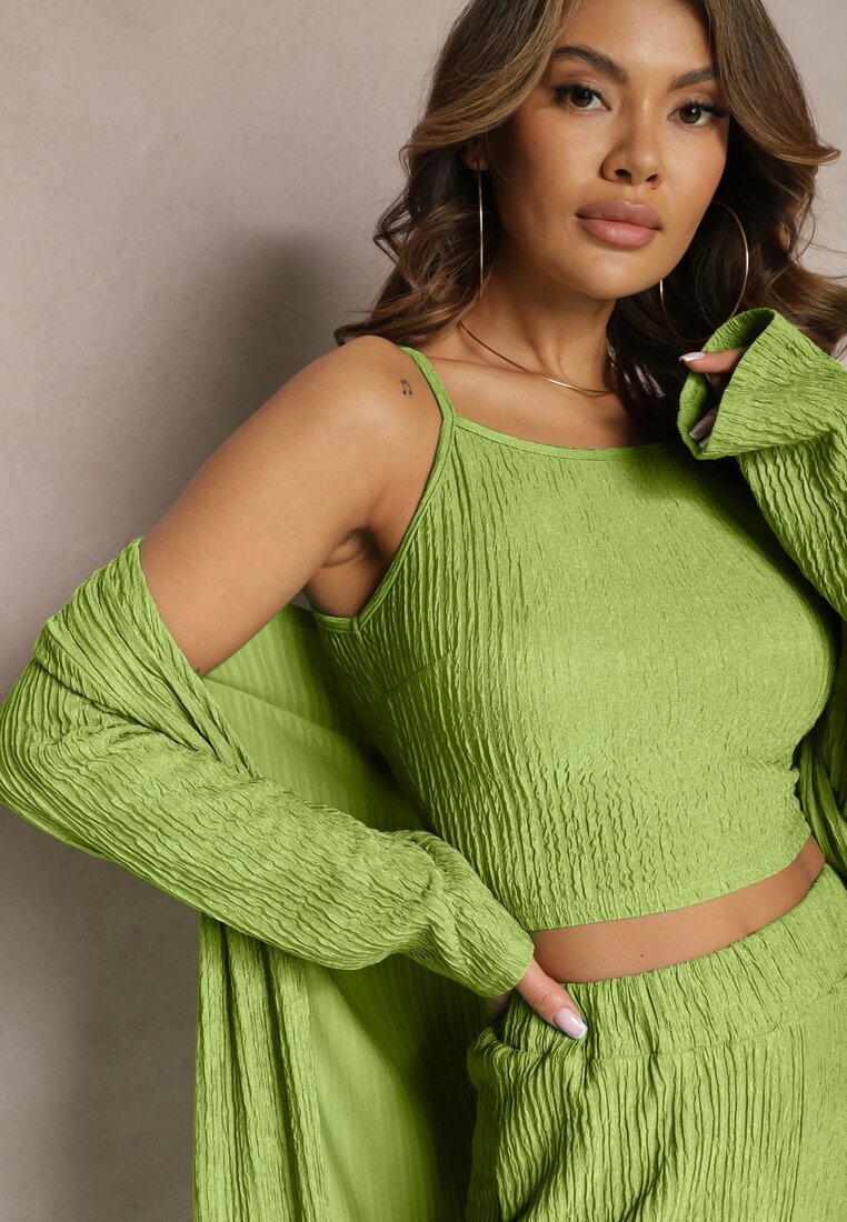  Compleu Verde deschis cu striații decorative cu Cămașă Top și Pantaloni Raliva