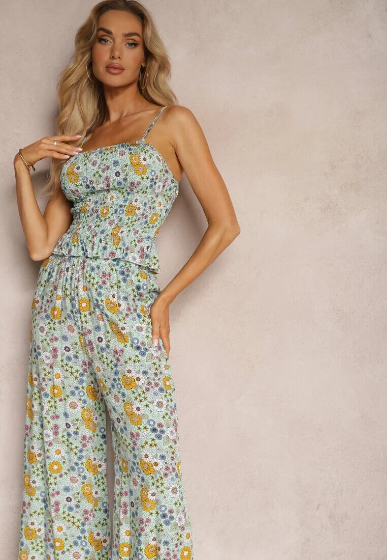  Compleu Verde din Bumbac Top încrețit cu bretele Pantaloni largi cu elastic în talie Elary