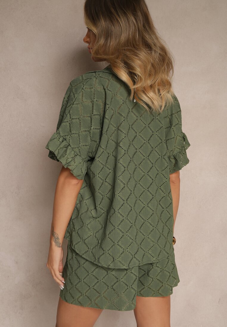  Compleu Verde închis Pantaloni scurți și Cămașă legată Fredefia