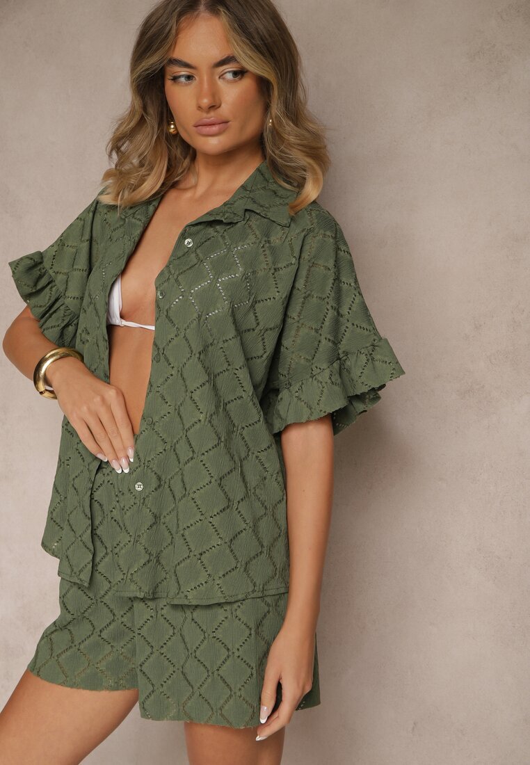  Compleu Verde închis Pantaloni scurți și Cămașă legată Fredefia