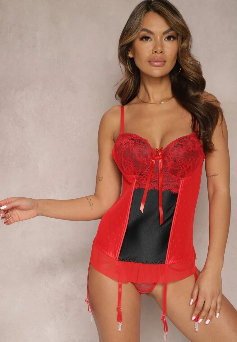  Corset Roșu-Negru din dantelă cu bretele și tanga cu model ferigă