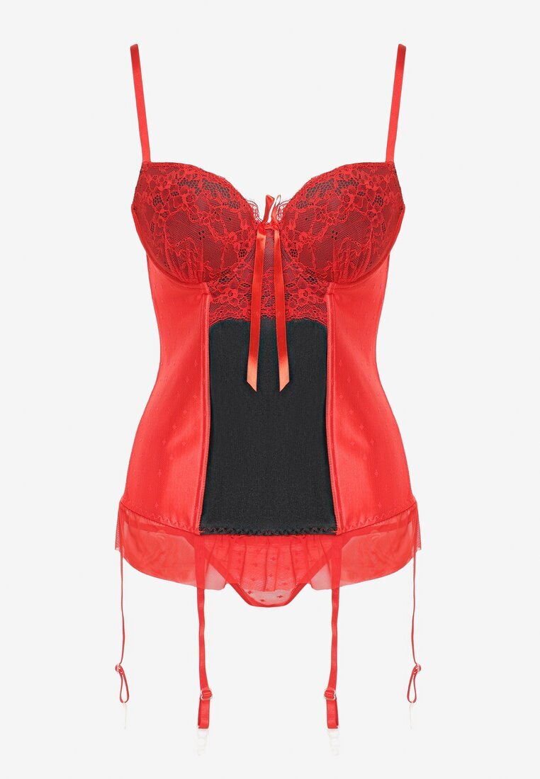  Corset Roșu-Negru din dantelă cu bretele și tanga cu model ferigă