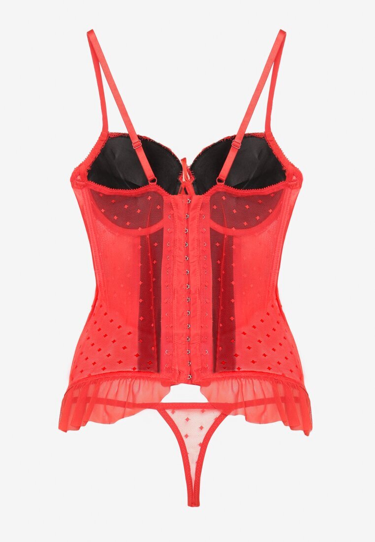  Corset Roșu-Negru din dantelă cu bretele și tanga cu model ferigă