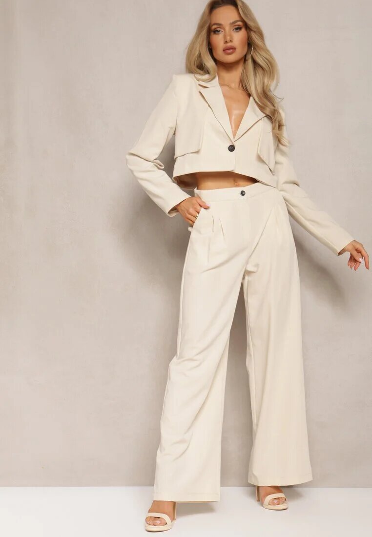  Costum Bej Sacou Cropped și Pantaloni Largi Mairilee