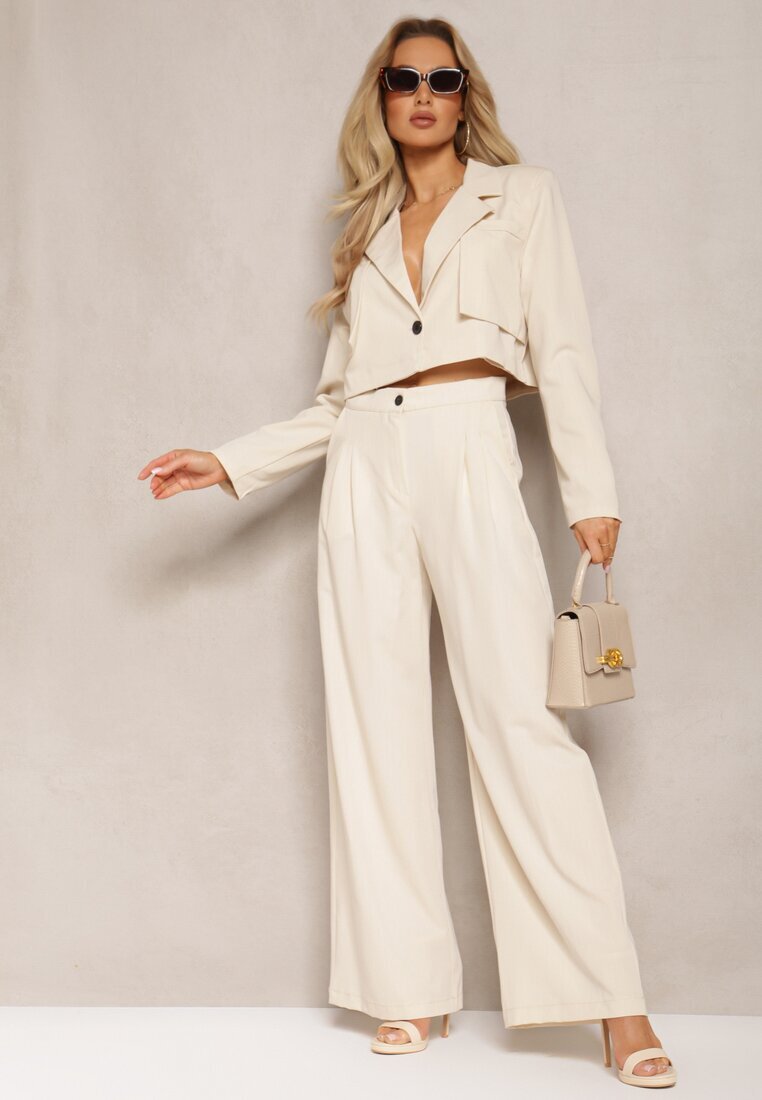  Costum Bej Sacou Cropped și Pantaloni Largi Mairilee