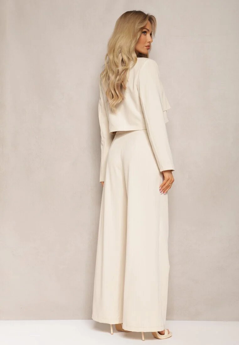  Costum Bej Sacou Cropped și Pantaloni Largi Mairilee