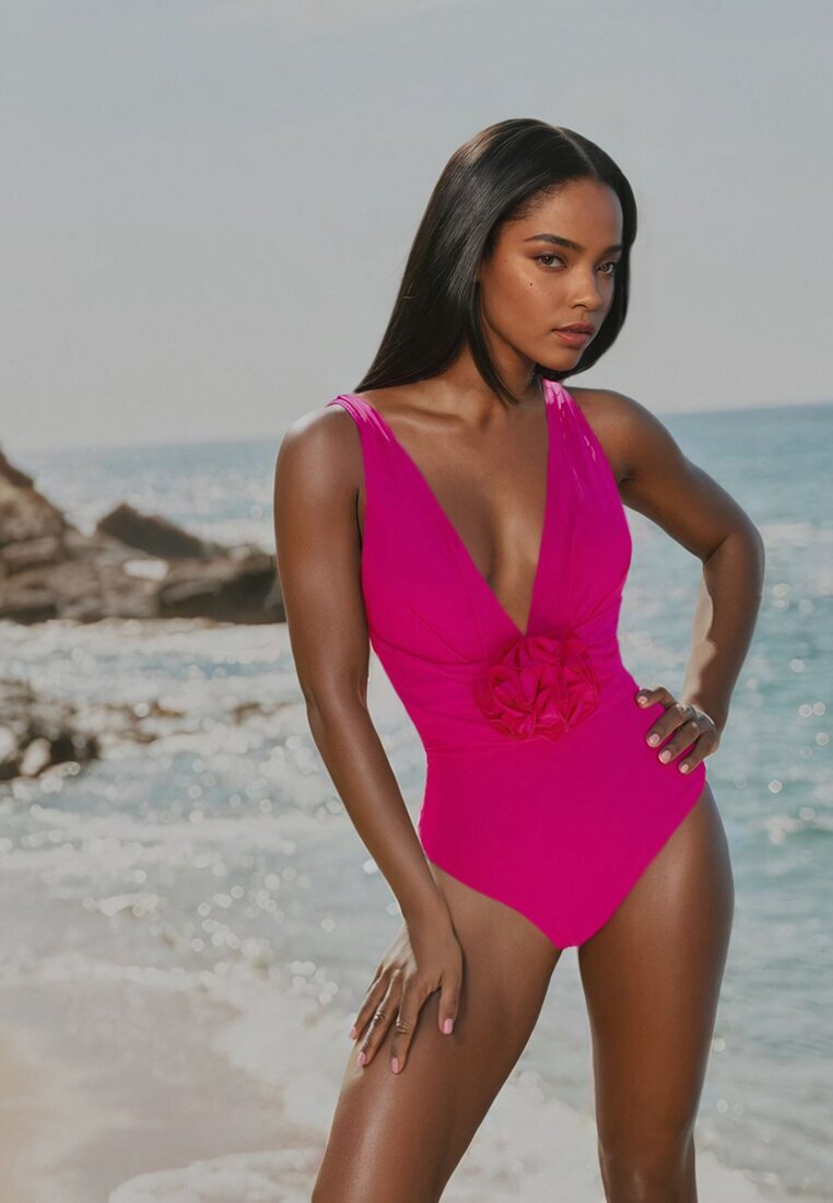  Costum de baie Fucsia Întreg Decorat cu Aplicație Floare 3D cu Întărire Seliris