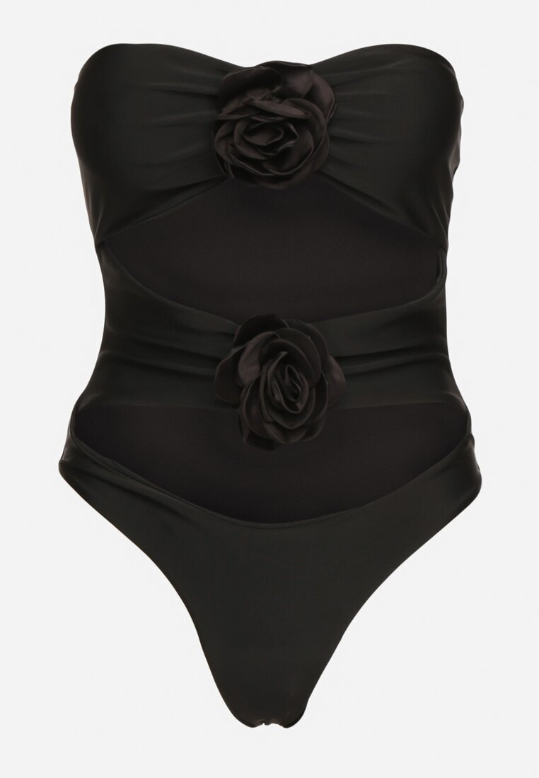  Costum de baie Negru întreg cu cupe întărite cu flori 3D și decupaje Irisfay