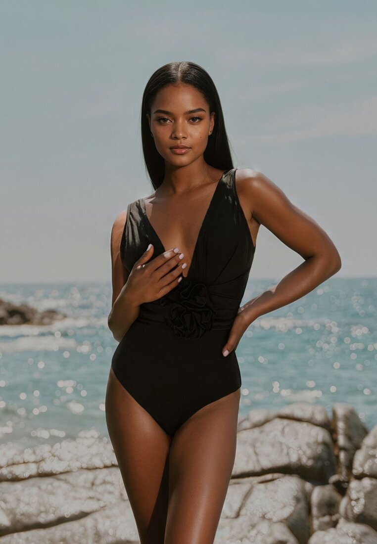  Costum de baie Negru Întreg Decorat cu aplicație Floare 3D cu întărire Seliris