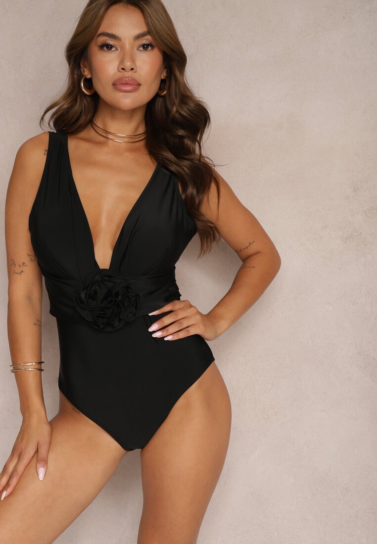  Costum de baie Negru Întreg Decorat cu aplicație Floare 3D cu întărire Seliris
