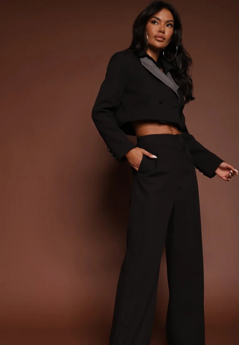  Costum Negru cu Sacou Scurt și Pantaloni Asimetrici Remilena