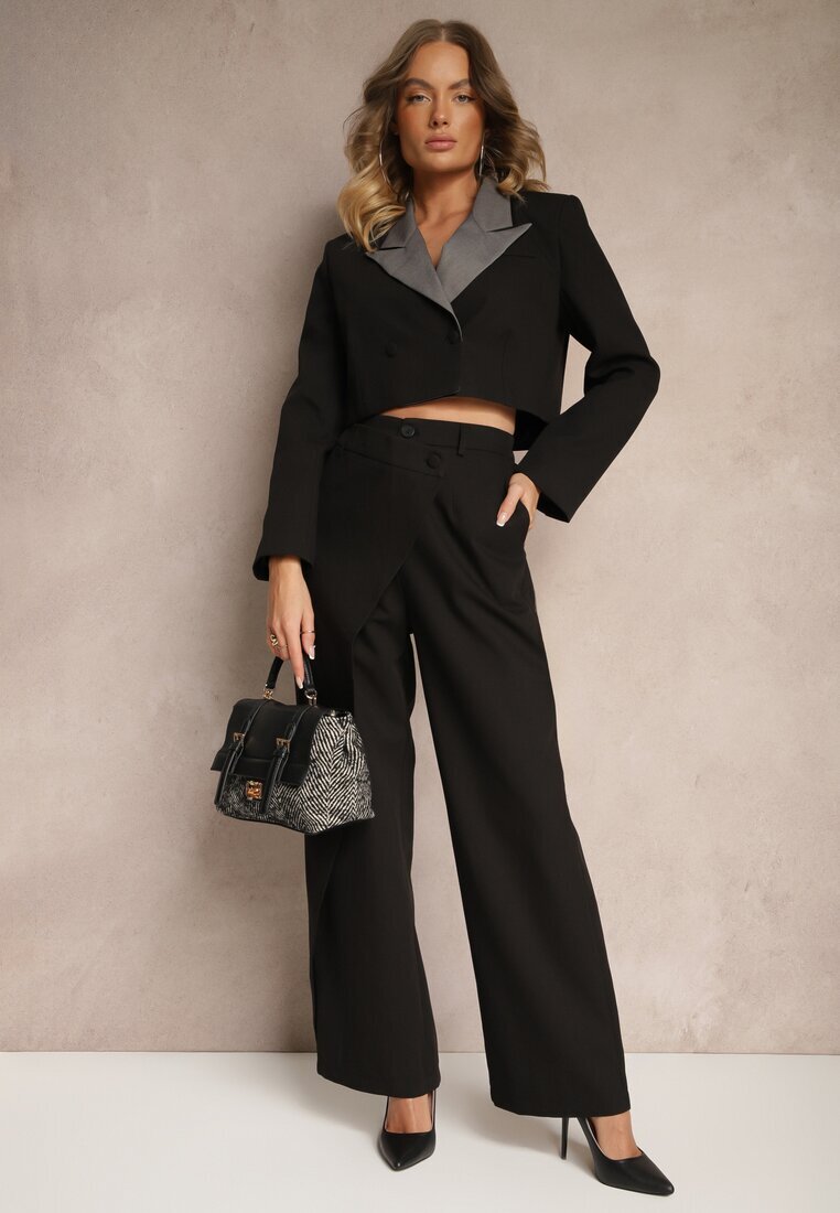  Costum Negru cu Sacou Scurt și Pantaloni Asimetrici Remilena