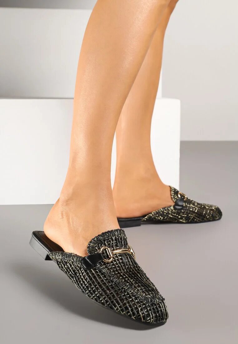 damerose Papuci Mule Negre cu Ornament Metalic și Inserții din Tweed Wilritis