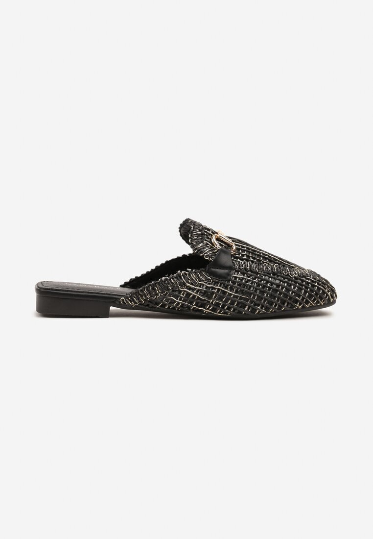 damerose Papuci Mule Negre cu Ornament Metalic și Inserții din Tweed Wilritis
