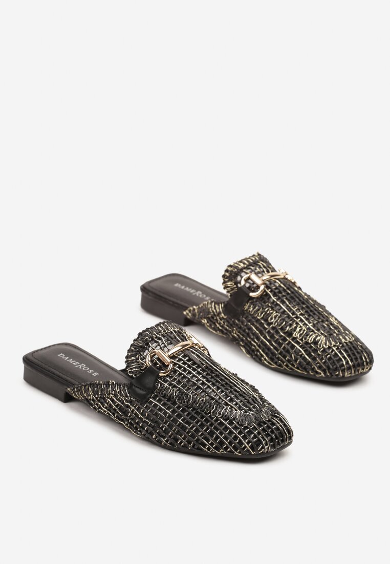 damerose Papuci Mule Negre cu Ornament Metalic și Inserții din Tweed Wilritis
