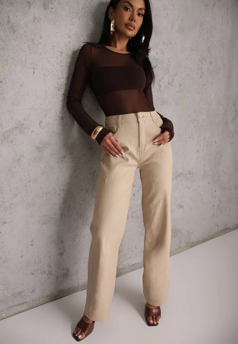 daysie Pantaloni Bej Ceruiți cu croială largă High Waist Sezila