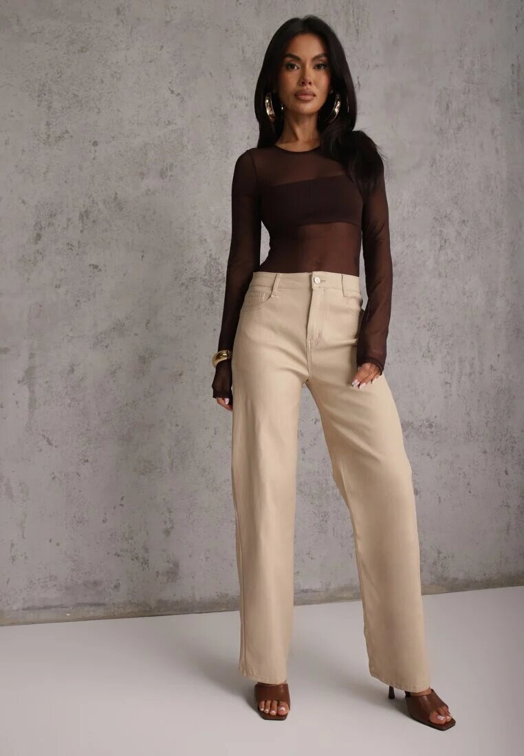 daysie Pantaloni Bej Ceruiți cu croială largă High Waist Sezila
