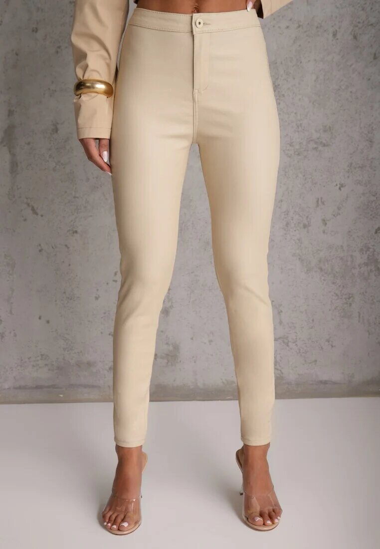 daysie Pantaloni Bej Deschis din Piele Ecologică cu Croială Skinny Sonowa