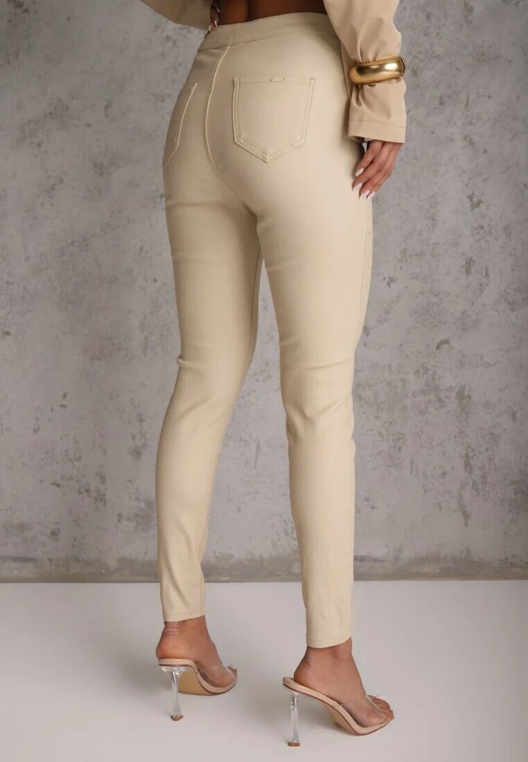 daysie Pantaloni Bej Deschis din Piele Ecologică cu Croială Skinny Sonowa