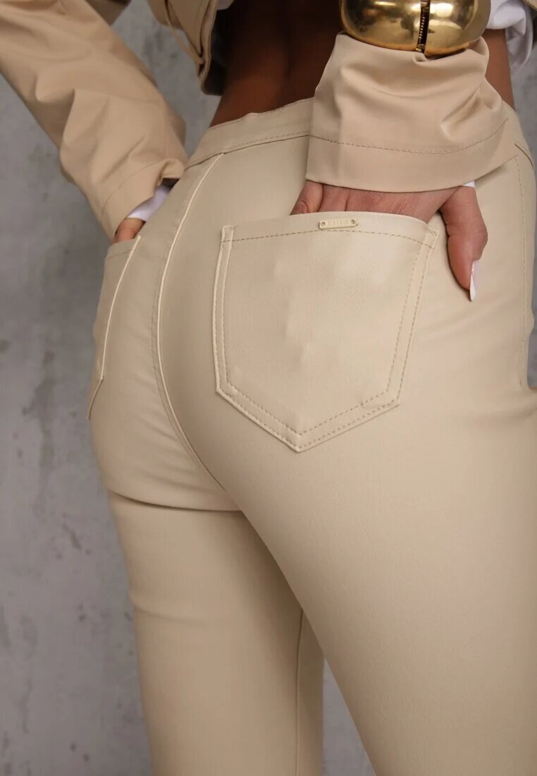 daysie Pantaloni Bej Deschis din Piele Ecologică cu Croială Skinny Sonowa