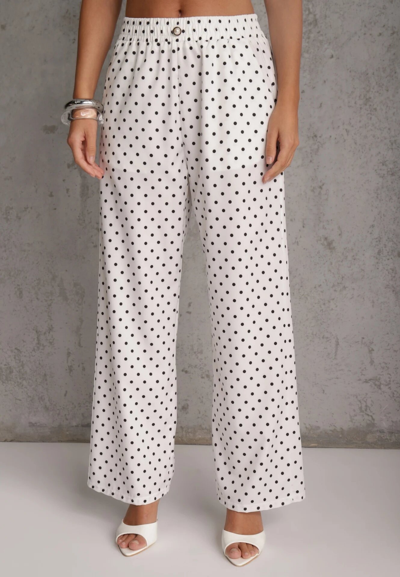 daysie Pantaloni largi Casual cu talie înaltă și buline decorați cu perlă Mesalin Albi