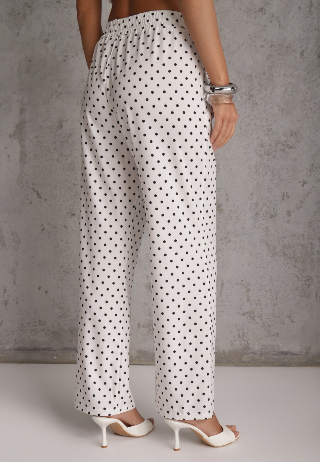 daysie Pantaloni largi Casual cu talie înaltă și buline decorați cu perlă Mesalin Albi