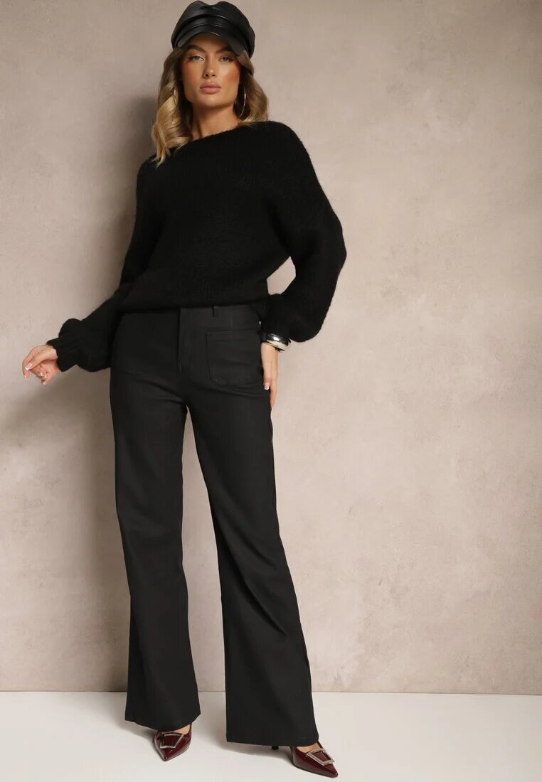 daysie Pantaloni Negri cu talie înaltă din piele ecologică cu picioare largi Leanwin