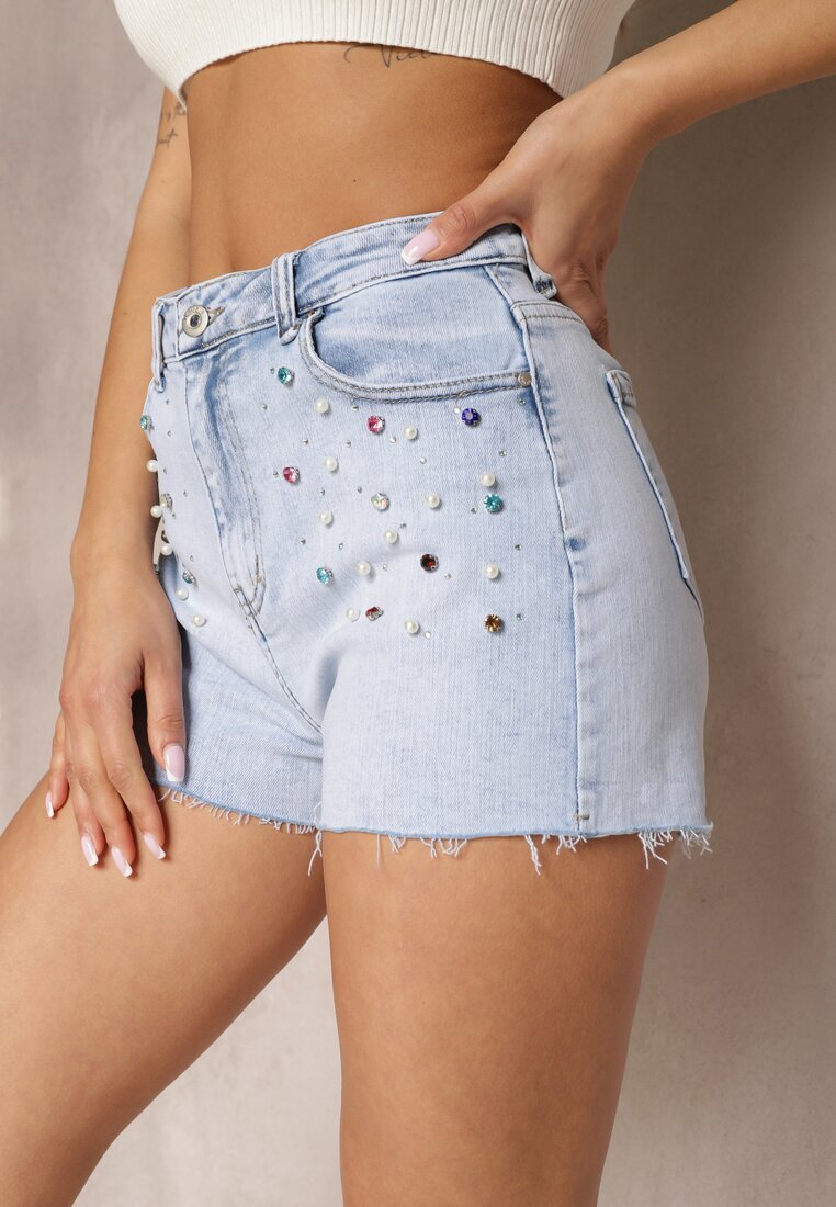 daysie Pantaloni scurți Albastre din Denim cu Talie Înaltă Decorați cu Perle și Zirconii Prescota
